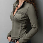 Slim Fit Western Utility Washed Green Zip-Up Top