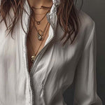 White Zip-Front Blouse With Flounce Cuffs