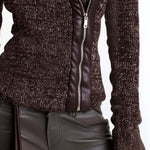 Brown Asymmetrical Zip Ribbed Knit Jacket