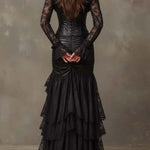Black Faux Leather Corset Maxi Dress With Lace Sleeves
