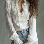 Romantic Ruffled Lace Blouse – Ivory White