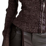 Brown Asymmetrical Zip Ribbed Knit Jacket