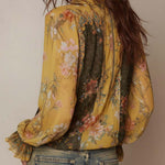 Zip-Front Ruffled Floral Chiffon Blouse