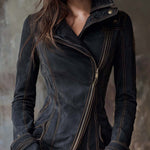 Vintage Washed Denim Moto Jacket – Charcoal Edge