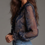 Navy Baroque Paisley Ruffle Zip Chiffon Blouse