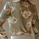 Elegant Lapel Rose Pattern Side Button Down Satin Shirt