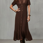 Quiet Luxury Chocolate Brown Crochet Knit Shirt Dress