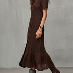 Quiet Luxury Chocolate Brown Crochet Knit Shirt Dress