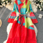 Flared Sleeves Loose Belted Contrast Color Pleated Midi Dresses