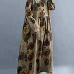 Artistic Retro Loose Long Sleeves Printed Round-Neck Maxi Dresses