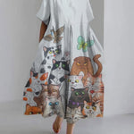Women's Cute Cat Short Sleeve Linen Blend Midi Dress