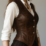 Retro Waist-cinched Button Down Leather Waistcoat
