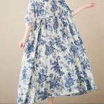 Loose Short Sleeves Floral Printed Pleated Split-Joint Round-Neck Midi Dresses