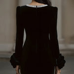 Elegant Velvet Mini Dress With Embellished Neckline And Floral Cuff Detail