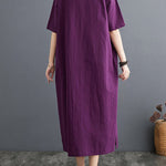 A-Line Loose Chinese Frog Buttons Pockets Solid Color Split-Side V-Neck Midi Dresses