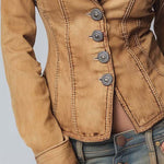Slim-fit Vintage-style Washed Khaki Denim Jacket
