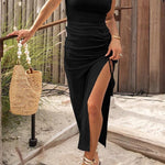Slim Fit Drawstring Slit Sleeveless Dress
