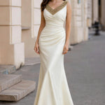 Gold-Trim V-Neck Ruched Satin Maxi Dress
