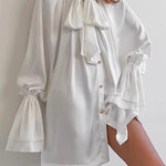 A-Line Flared Sleeves Buttoned Elasticity Pleated Solid Color Tied Zipper Stand Collar Mini Dresses