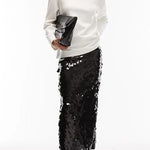 Chic Holiday Look Large Sequins High Rise Zipper Waist Slit Maxi Skirt