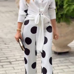 Fashion Lapel Long-sleeved Tie Waist Shirt and Casual Polka Dot Print Wide-leg Pants Set