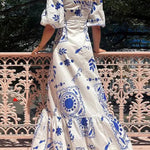 A-Line High Waisted Contrast Color Pleated Printed Ruffled Split-Joint Square-Neck Midi Dresses