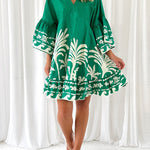 A-Line Flared Sleeves Flower Print Pleated Split-Joint V-Neck Mini Dresses