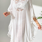 Batwing Sleeves Loose Hollow Solid Color Sun Protection Tasseled Round-Neck Cover-Ups Tops Midi Dresses
