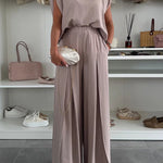 Santie Round Neck Cape Sleeve Loose Top and Elastic Waist Pocket Wide Leg Pants Set