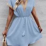 A-Line Elasticated Waist Contrast Color Drawstring Hollow Split-Joint Tasseled Tied V-Neck Mini Dresses
