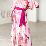Floral Print Elegant Puff Sleeve Tie-Waist Midi Dress