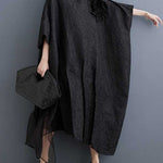 Batwing Sleeves Loose Asymmetric Flower Shape Gauze Jacquard Pleated Solid Color Split-Joint Round-Neck Midi Dresses