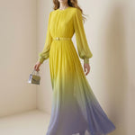 High Waisted Long Sleeves Belted Contrast Color Gradient Pleated Split-Joint Round-Neck Maxi Dresses