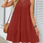 A-Line Loose Hollow Pleated Solid Color Split-Joint Round-Neck Mini Dresses