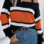 Striped Contrasting Metal Buckle Loose Long-sleeved Knitted Sweater