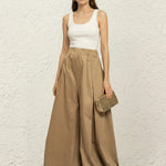 Elasticated Waist High Waisted Pleated Pockets Solid Color Pants