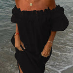 Linen Blend Off Shoulder Ruffle Puff Sleeve Pocketed Midi Dress