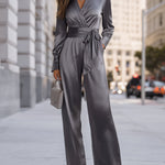Satin Wrap-Front Tie-Waist Wide-Leg Jumpsuit