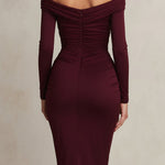 Burgundy Off-Shoulder Ruched Midi Dress