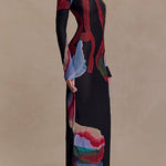 Boat Neck Long Sleeves Watercolor Print Maxi Dress