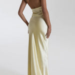 Margovil Off Shoulder Backless Cut Out Satin Maxi Dress