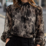 Sheer Floral Print High-Neck Long Sleeve Blouse