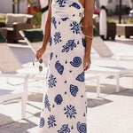 Bow Shoulder Sleeveless Seashell Print Maxi Dress