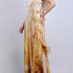 Mockneck Sleeveless Floral Print Ruffle Slit Maxi Dress