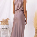 High Neck Sleeveless Waisted Satin Midi Dress