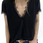 Margovil  V Neck Solid Lace Blouse Top