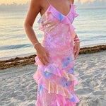 Margovil Spaghetti Strap Backless Ruffle Trim Printed Maxi Dress