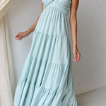 Margovil V Neck Ruffle Trim Tiered Sleeveless Linen Maxi Dress