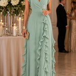 Margovil V Neck High Waist Solid Ruffle Maxi Dress