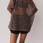 Round Neck Half Sleeves Crochet Hollow Out Sequin Top